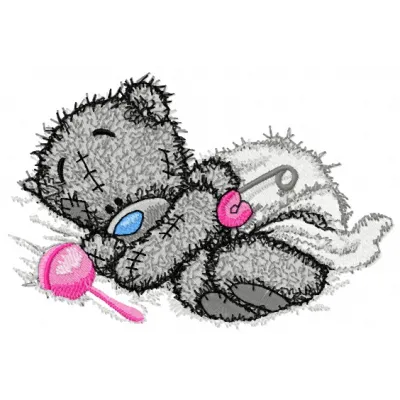 Teddy bear with rattle embroidery design, showcasing a cute stitched motif for baby items like onesies and blankets.