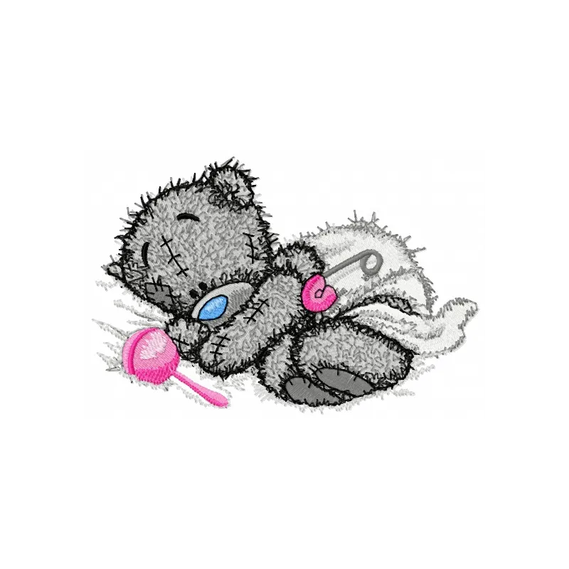 Teddy bear with rattle embroidery design, showcasing a cute stitched motif for baby items like onesies and blankets.