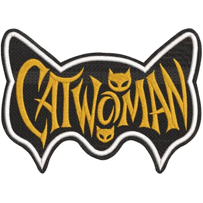Embroidery design preview of a vintage Catwoman badge from Batman, showcasing intricate details and stitching.