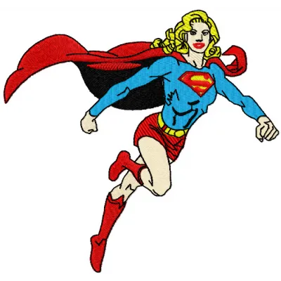 Super Girl embroidery design showcasing a vibrant superhero motif, ideal for stitching on t-shirts and hoodies.