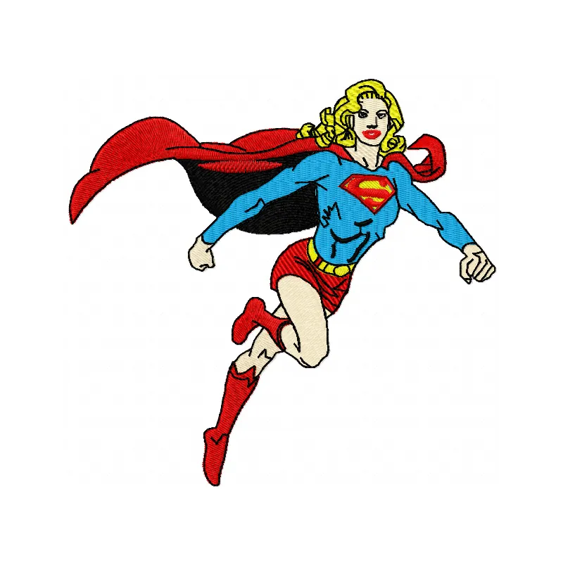Super Girl embroidery design showcasing a vibrant superhero motif, ideal for stitching on t-shirts and hoodies.