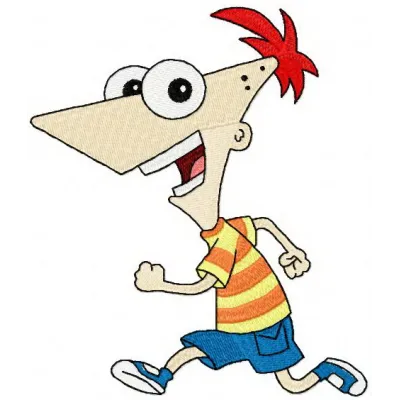 Phineas running embroidery design showcasing a playful character from Phineas and Ferb for creative stitching projects.