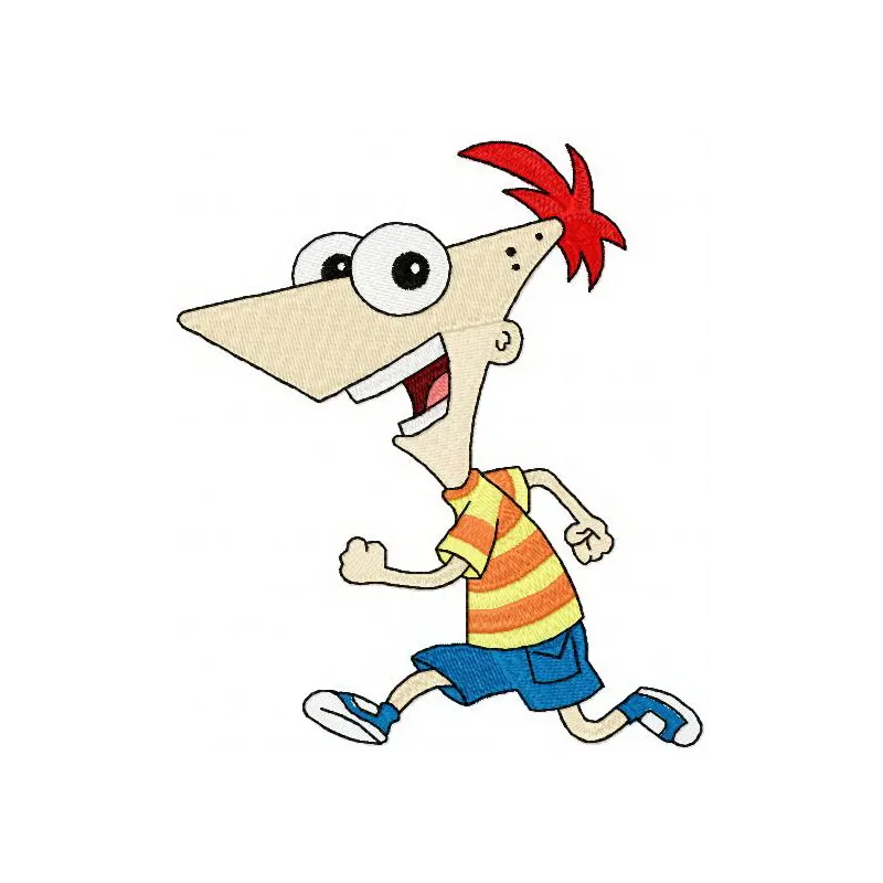 Phineas running embroidery design showcasing a playful character from Phineas and Ferb for creative stitching projects.