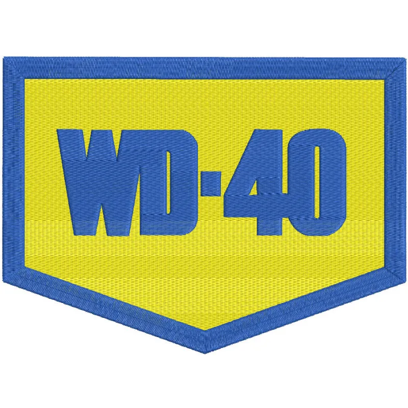 Embroidery design preview of the WD-40 logo, showcasing vibrant colors and detailed stitching.