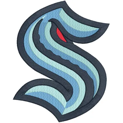 Embroidery design preview of the Seattle Kraken logo, showcasing intricate stitching details and vibrant colors.