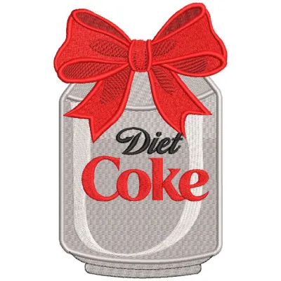 Embroidery design preview of a Christmas Diet Cola Red Bow featuring vibrant colors and detailed stitching.