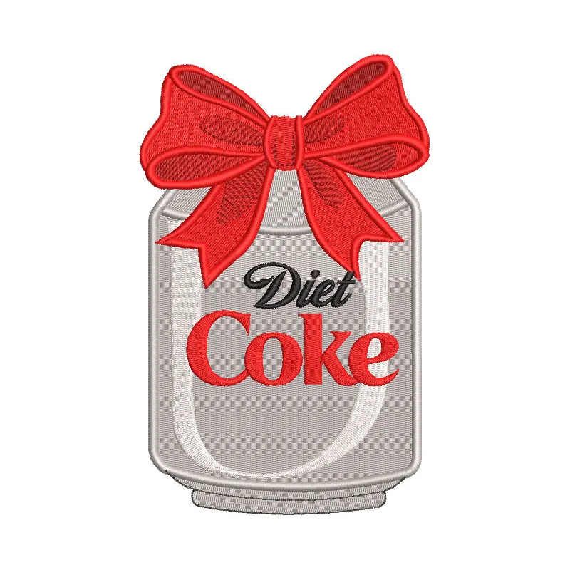Embroidery design preview of a Christmas Diet Cola Red Bow featuring vibrant colors and detailed stitching.