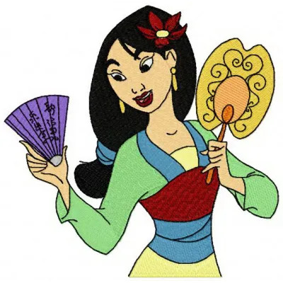 Mulan with fans embroidery design showcasing intricate details for stitching on various fabric items.