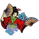 Geisha with fans embroidery design showcasing intricate details, perfect for embellishing apparel and home decor.