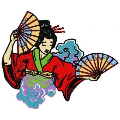 Geisha with fans embroidery design showcasing intricate details, perfect for embellishing apparel and home decor.