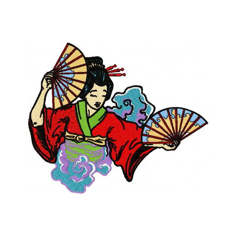 Geisha with fans embroidery design showcasing intricate details, perfect for embellishing apparel and home decor.
