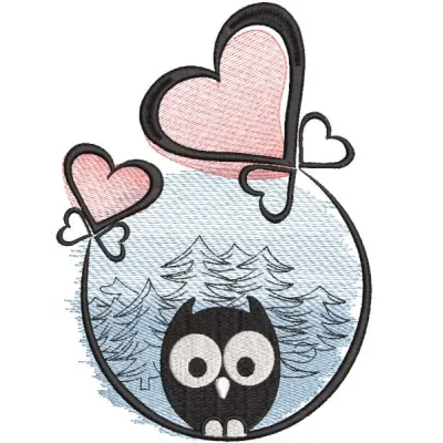 Owl in night forest embroidery design showcasing a whimsical owl among trees, perfect for various fabrics.