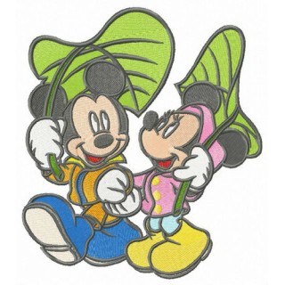 Mickey and Minnie walking under leaf umbrellas embroidery design - Embroidery Design