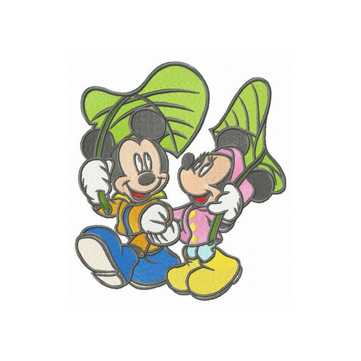 Mickey and Minnie walking under leaf umbrellas embroidery design - Embroidery Design