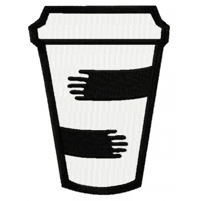 Coffee cup embroidery design showcasing a whimsical coffee cup motif perfect for cozy apparel and accessories.