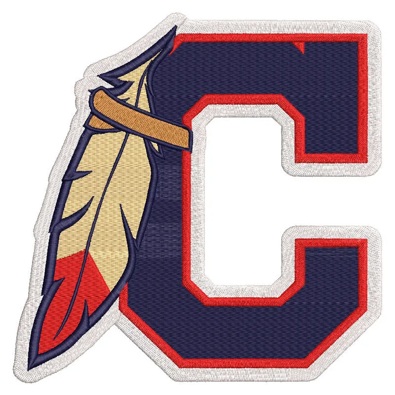 Cleveland Indians C type logo with feather embroidery design preview, showcasing vibrant colors and detailed stitching.