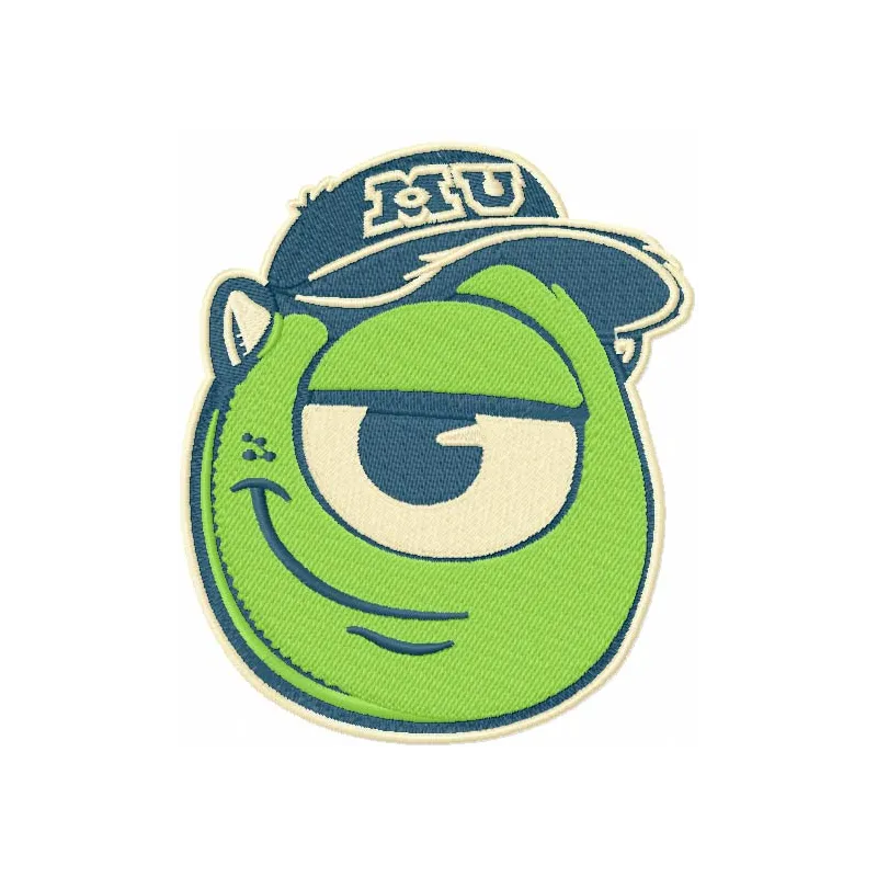 Embroidery design of Mike Wazowski badge from Monsters Inc, showcasing a fun stitched motif for crafting.