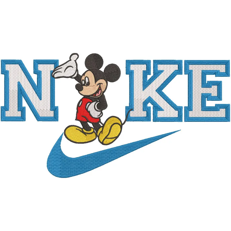 Preview of Nike Hi Mickey embroidery design, featuring a playful Mickey Mouse in Nike logo style.