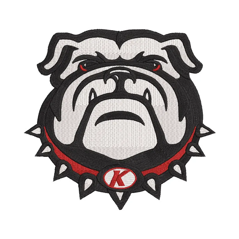 Embroidery design preview of the Kimberly School Bulldog logo for college sports enthusiasts.