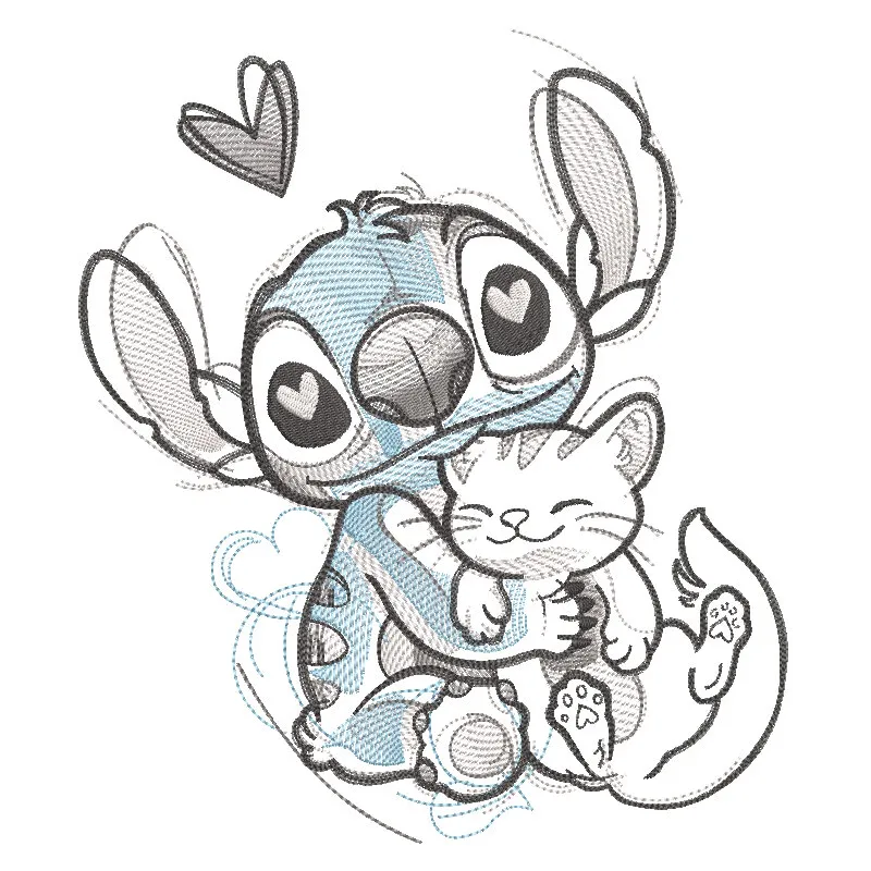 Embroidery design preview of Stitch and cat featuring vibrant colors and detailed stitching.