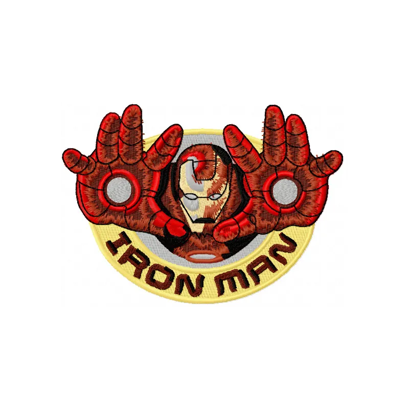 Iron Man embroidery design showcasing a vibrant superhero motif for stitching on apparel and accessories.
