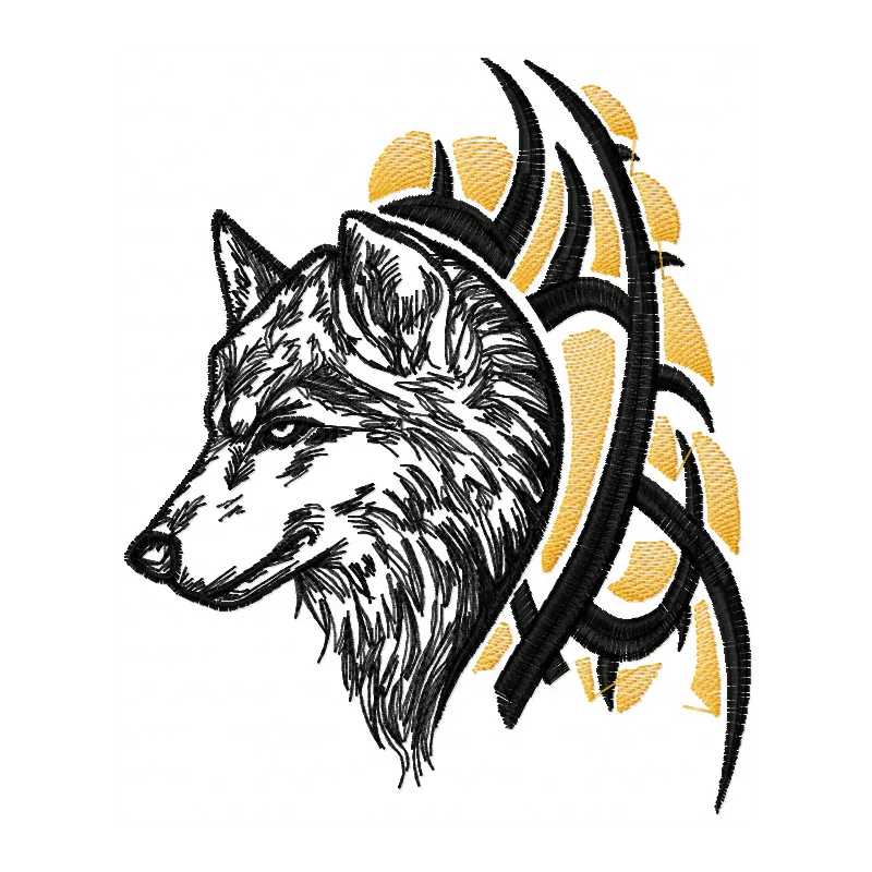 Preview of Tribal Wolf embroidery design featuring intricate stitching patterns for animal lovers.