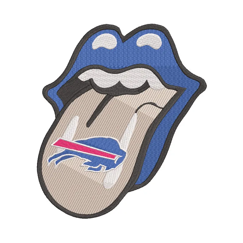Embroidery design preview of a Buffalo Bills lip logo, showcasing detailed stitching and vibrant colors.