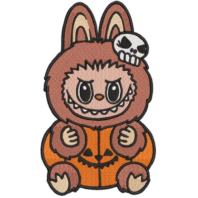 Preview of Labubu pumpkin Halloween embroidery design featuring vibrant colors and detailed stitching.