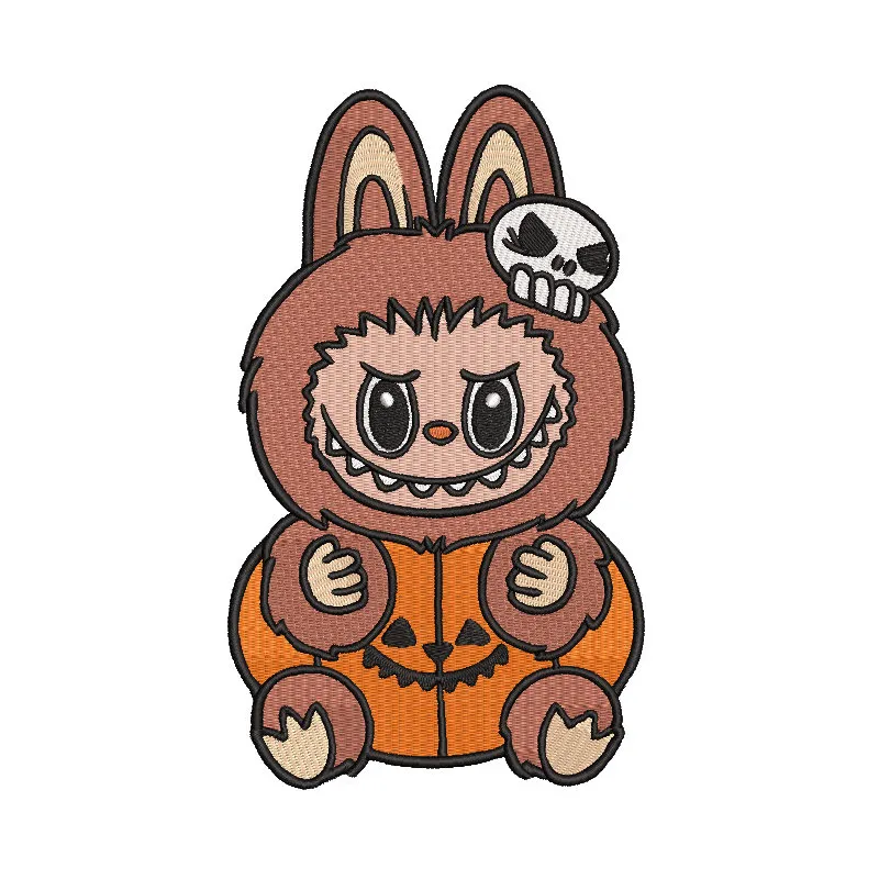 Preview of Labubu pumpkin Halloween embroidery design featuring vibrant colors and detailed stitching.
