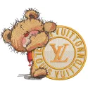 Embroidery design preview of Teddy Bear with Louis Vuitton pattern, showcasing detailed stitching and vibrant colors.