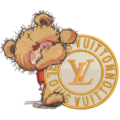 Embroidery design preview of Teddy Bear with Louis Vuitton pattern, showcasing detailed stitching and vibrant colors.