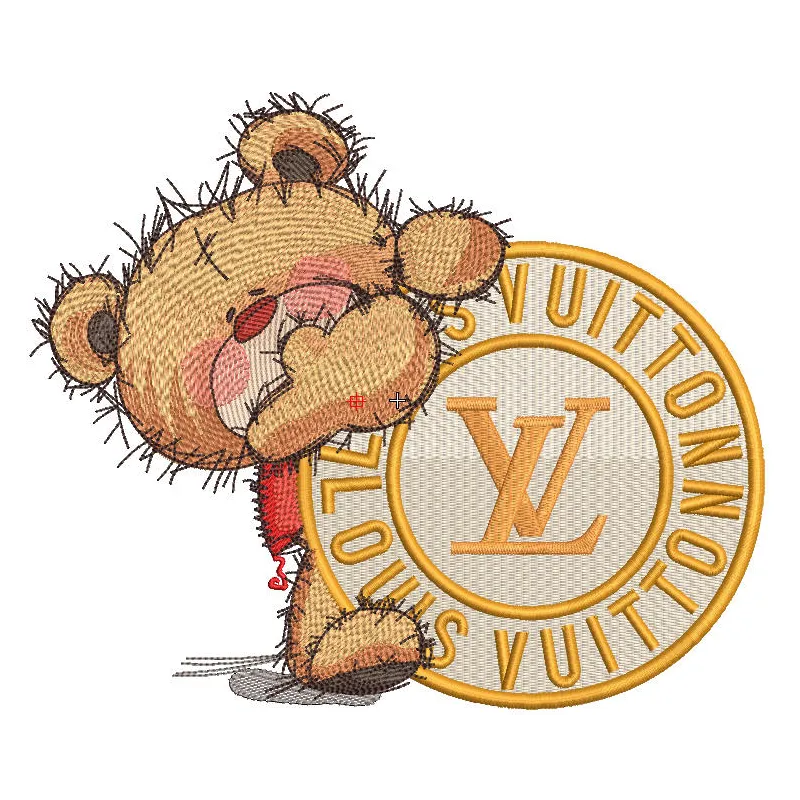 Embroidery design preview of Teddy Bear with Louis Vuitton pattern, showcasing detailed stitching and vibrant colors.