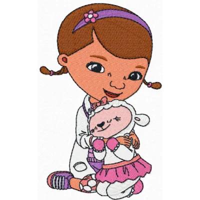 Preview of Doc McStuffins and Lambie embroidery design, showcasing colorful stitching patterns for creative projects.