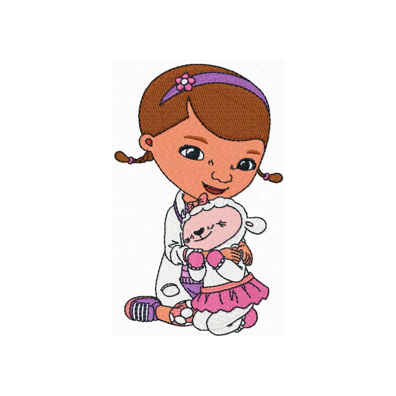 Preview of Doc McStuffins and Lambie embroidery design, showcasing colorful stitching patterns for creative projects.