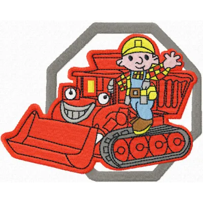 Bob the Builder and bulldozer embroidery design for playful stitching on t-shirts and hoodies.