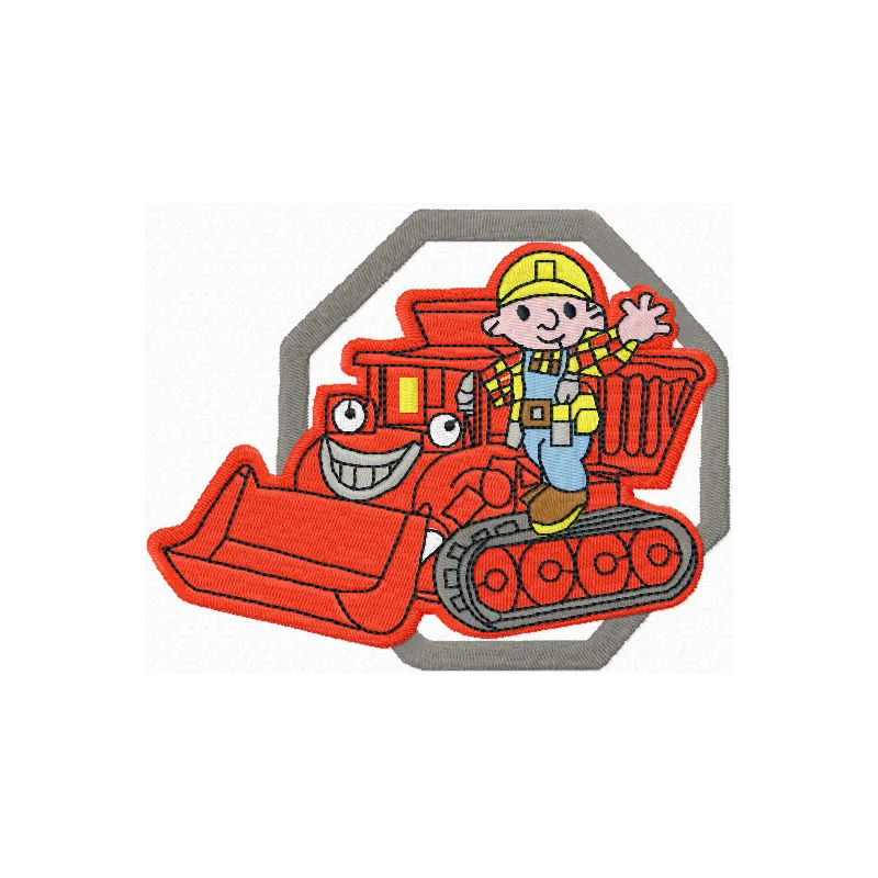 Bob the Builder and bulldozer embroidery design for playful stitching on t-shirts and hoodies.
