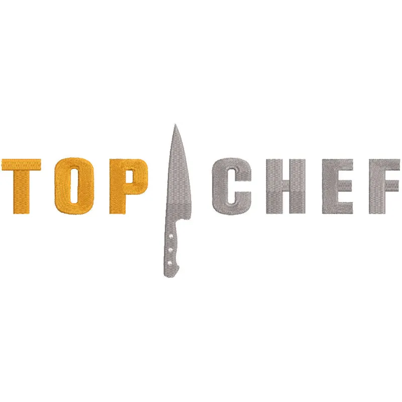 Embroidery design preview of the Top Chef logo featuring bold lettering and vibrant colors.