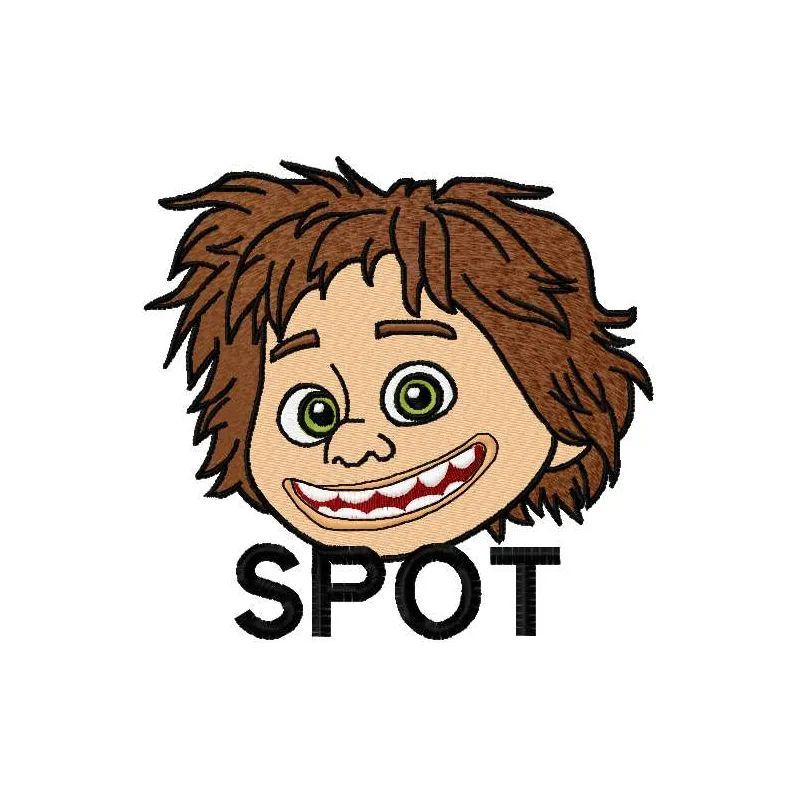 Spot smile embroidery design featuring a cheerful dinosaur motif, ideal for stitching on t-shirts or baby onesies.