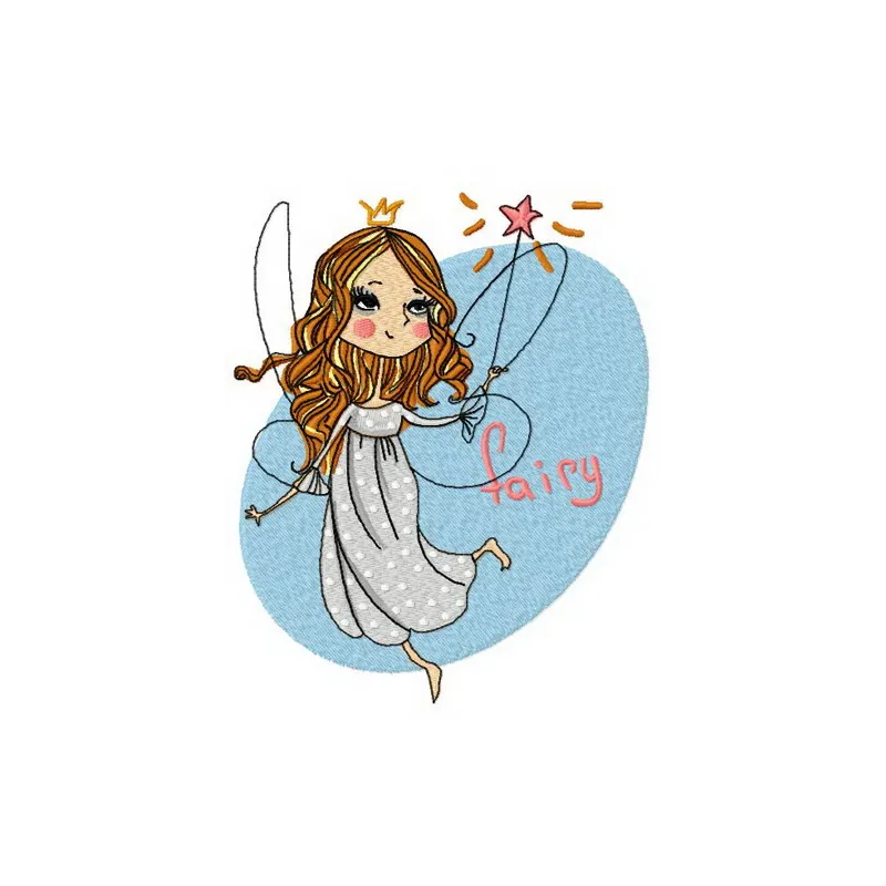 Charming fairy 2 embroidery design showcasing a whimsical fairy motif, perfect for embellishing t-shirts and baby onesies.