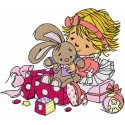 Embroidery design featuring a cute little girl holding a bunny toy, ideal for baby items and gifts.