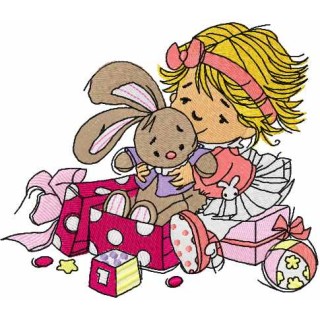 Cute little girl with bunny toy embroidery design - Embroidery Design