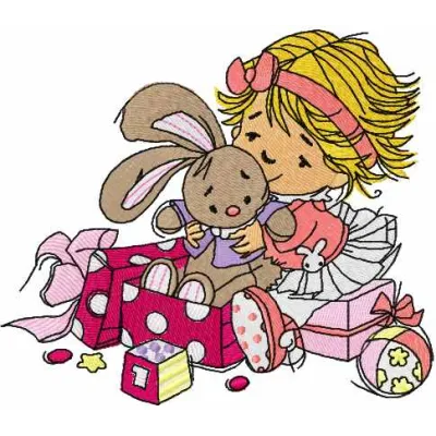 Embroidery design featuring a cute little girl holding a bunny toy, ideal for baby items and gifts.