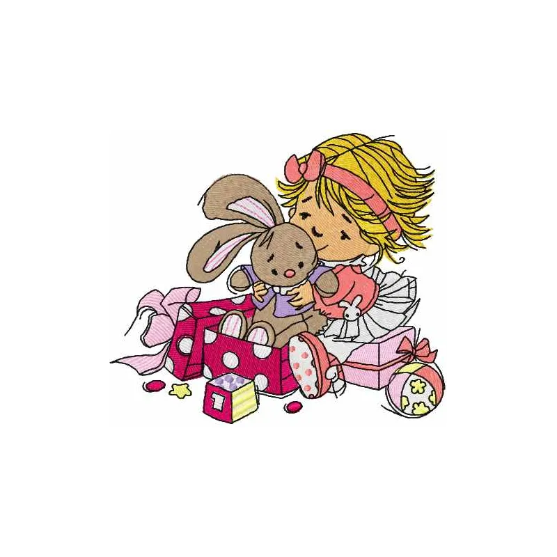 Embroidery design featuring a cute little girl holding a bunny toy, ideal for baby items and gifts.