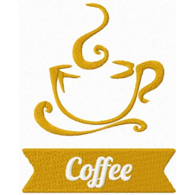 Coffee label embroidery design featuring a stylish kitchen theme, perfect for embellishing towels and aprons.