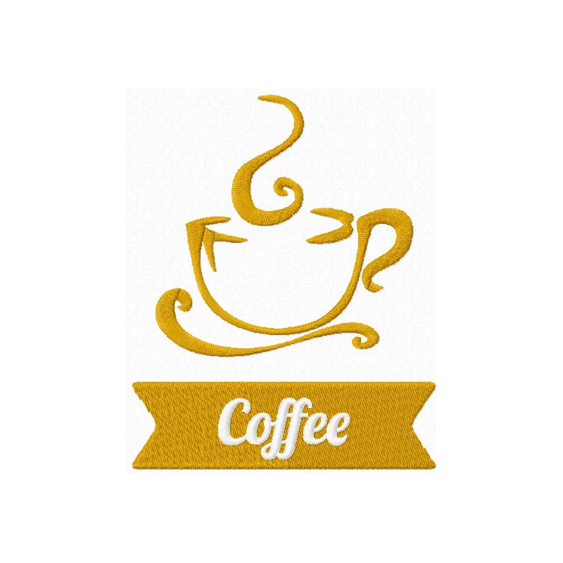 Coffee label embroidery design featuring a stylish kitchen theme, perfect for embellishing towels and aprons.