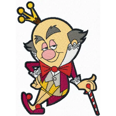 King Candy embroidery design featuring a whimsical character from Wreck-It Ralph, ideal for creative stitching projects.