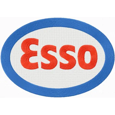 Esso logo embroidery design showcased on a fabric background, ideal for auto and moto-themed projects.