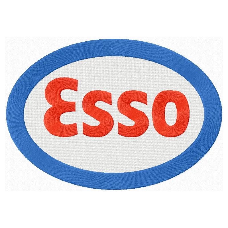Esso logo embroidery design showcased on a fabric background, ideal for auto and moto-themed projects.