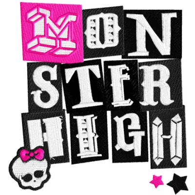 Embroidery design of the Monster High wordmark logo featuring skull and bones, ideal for custom apparel and accessories.