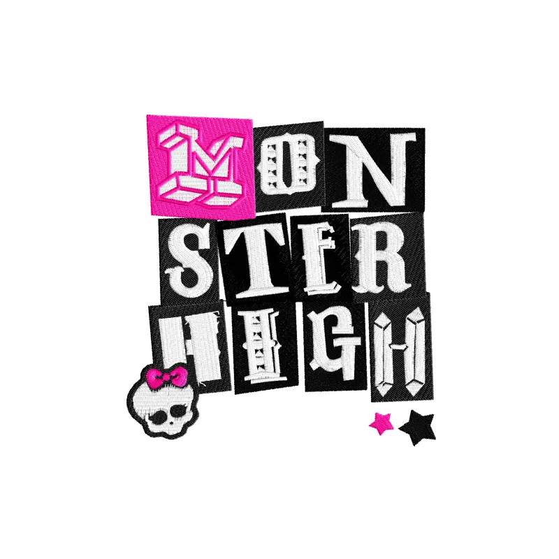 Embroidery design of the Monster High wordmark logo featuring skull and bones, ideal for custom apparel and accessories.